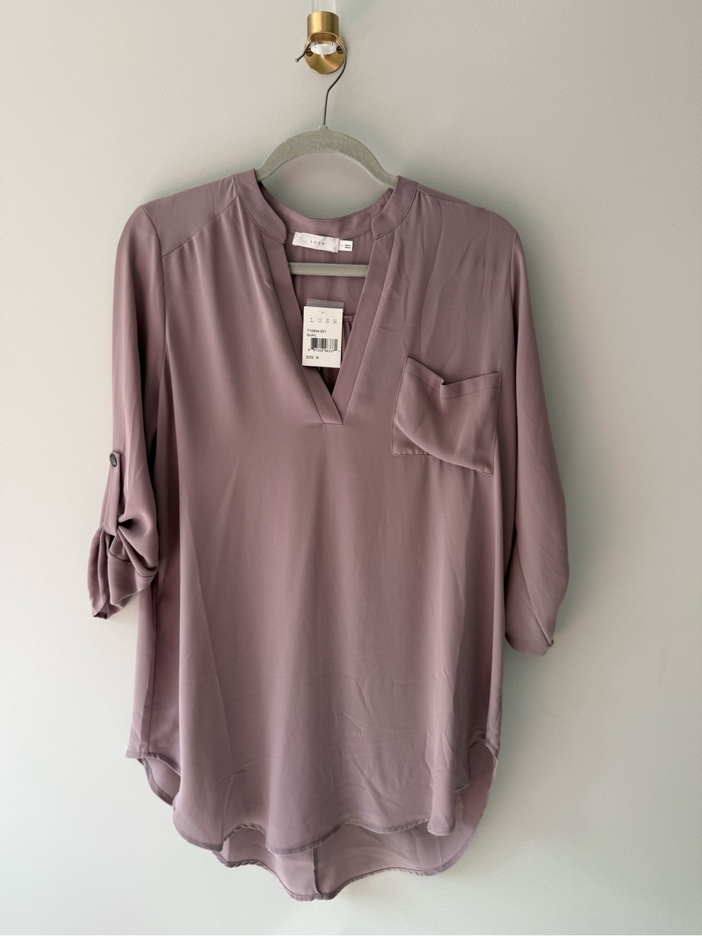 Lush Dusty Mauve Split-Neck Roll-Sleeve Tunic